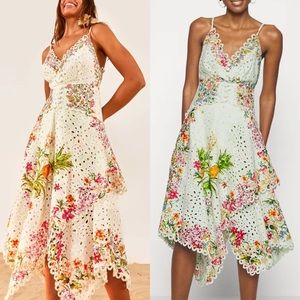 Anthro FARM Rio Delicate Forest Eyelet Printed Asymmetrical Handkerchief Dress